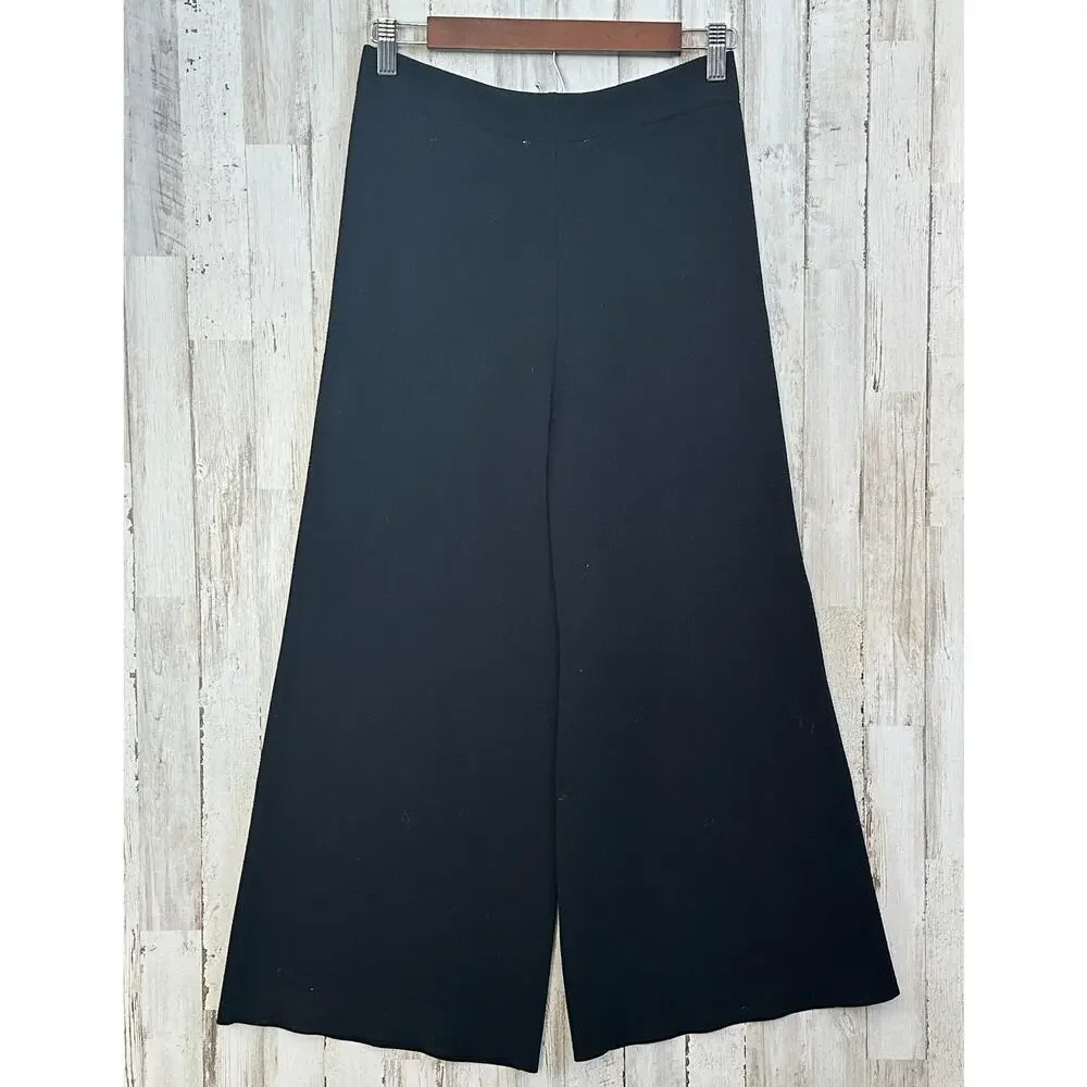 Zara Rib Knit Pants Sz Small Wide Leg Crop Black Loungewear Minimalist Boho EUC
